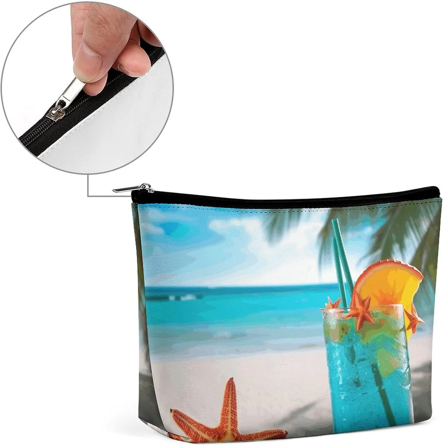 Portable Small Cosmetic Bag Cute Travel Makeup Bag Tropical Cocktail with Starfish Waterproof Toiletry Bag for Women