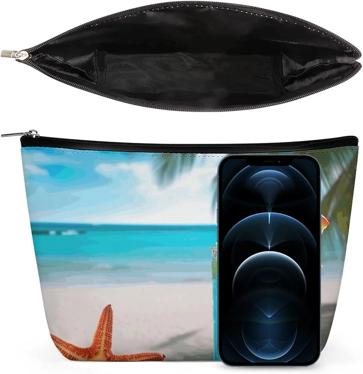 Portable Small Cosmetic Bag Cute Travel Makeup Bag Tropical Cocktail with Starfish Waterproof Toiletry Bag for Women