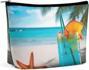 Portable Small Cosmetic Bag Cute Travel Makeup Bag Tropical Cocktail with Starfish Waterproof Toiletry Bag for Women