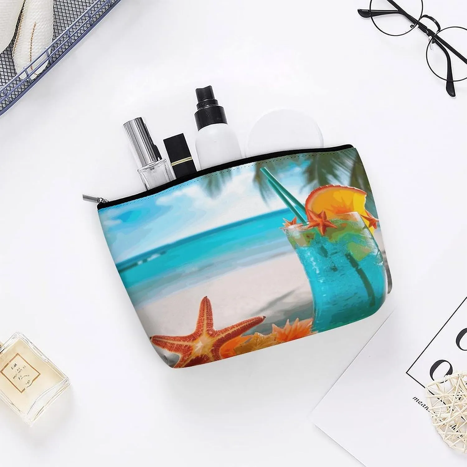 Portable Small Cosmetic Bag Cute Travel Makeup Bag Tropical Cocktail with Starfish Waterproof Toiletry Bag for Women