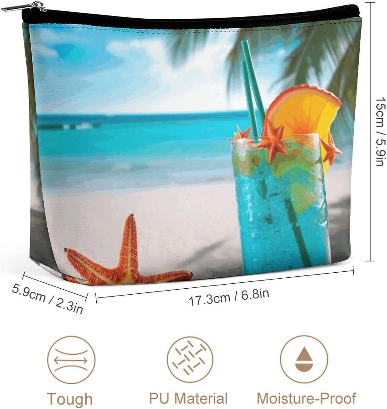 Portable Small Cosmetic Bag Cute Travel Makeup Bag Tropical Cocktail with Starfish Waterproof Toiletry Bag for Women