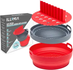 Premium 2-Pack Reusable Silicone Air Fryer Liners with Divider Insert - 8 Inch Round Collapsible Liners for Air Fryer Basket 5QT and Larger - Ideal Airfryer Basket Liner Inserts for Easy Cleaning