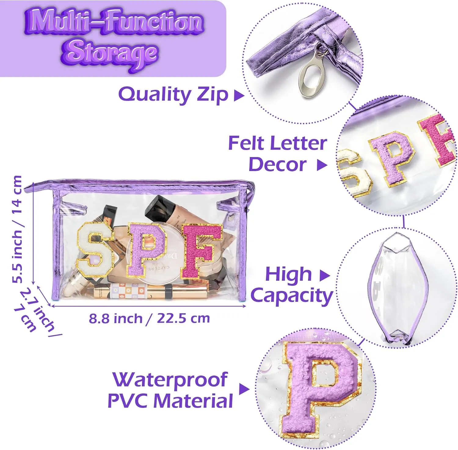 Preppy Patch SPF Clear Cosmetic Bag SPF Varsity Letter Toiletry Bag Waterproof PVC Cosmetic Case Multi-Function Zippered Pouch Makeup Bag for Beach Pool, Pencil Case Pen Pouch(Purple)