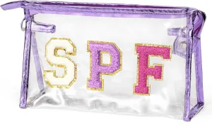 Preppy Patch SPF Clear Cosmetic Bag SPF Varsity Letter Toiletry Bag Waterproof PVC Cosmetic Case Multi-Function Zippered Pouch Makeup Bag for Beach Pool, Pencil Case Pen Pouch(Purple)