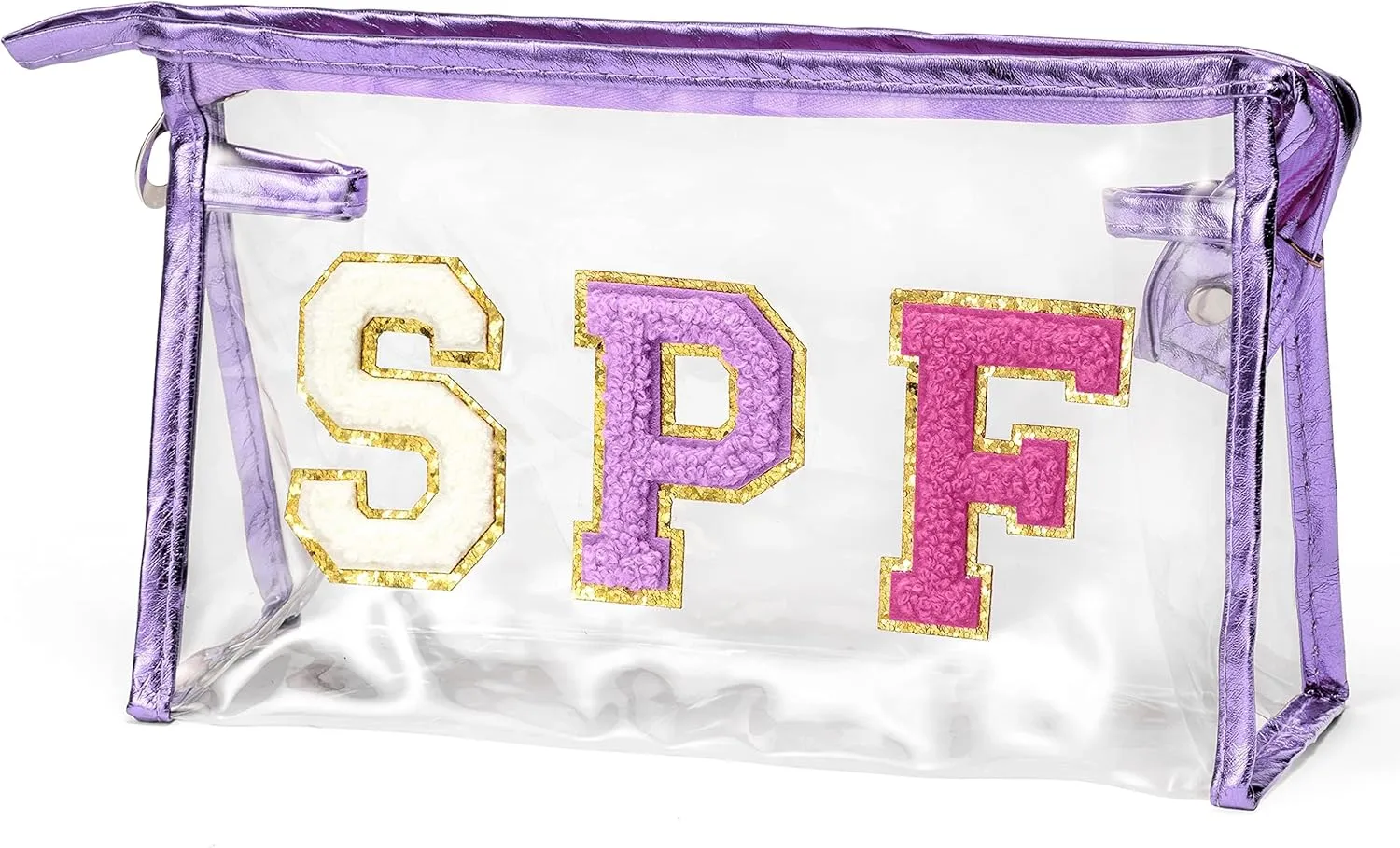Preppy Patch SPF Clear Cosmetic Bag SPF Varsity Letter Toiletry Bag Waterproof PVC Cosmetic Case Multi-Function Zippered Pouch Makeup Bag for Beach Pool, Pencil Case Pen Pouch(Purple)