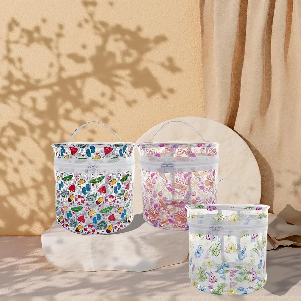 Printed Flowers Clear Cylinder Travel Makeup Bag,Portable Waterproof Pouch with Handle Ideal for Women and Girl (D1031-5)
