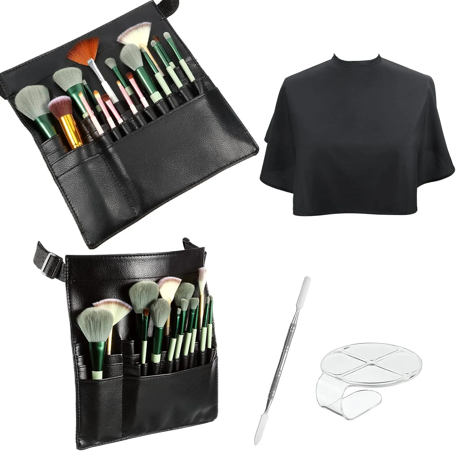 Professional Makeup Artist Tools - 4 Piece Set with Brush Bag, Mixing Tray, Foundation Tray & Spatula, Salon Apron
