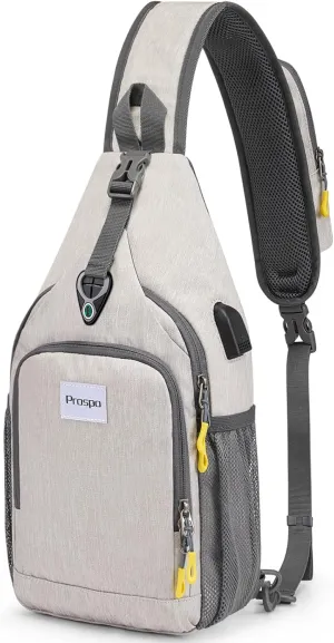 Prospo Sling Bag for Women Men Crossbody backpack with USB Charging Port, Small Hiking Daypack Chest Bag for Travel Outdoor