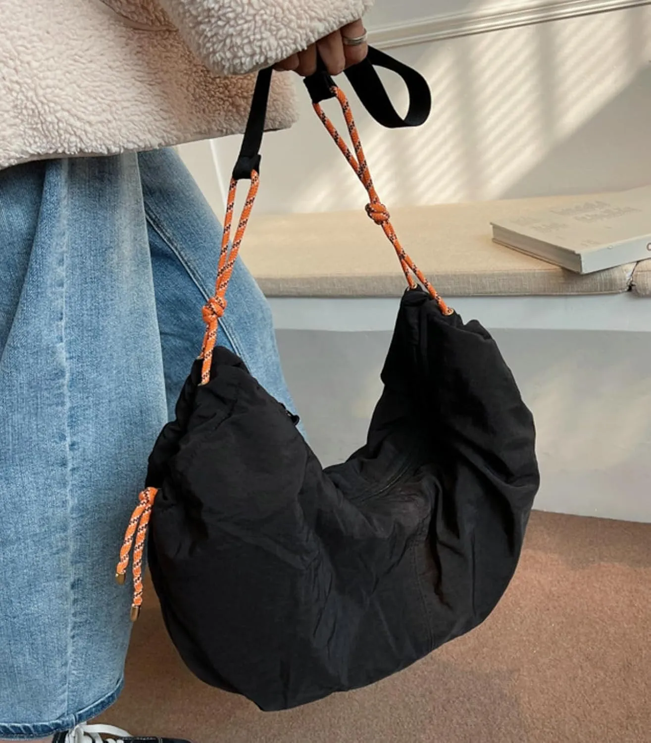 Puffy Tote Bag Unisex Cross Body Nylon Crescent Shoulder Purse Carry On Bag Travel Work Gym Handbag Winter