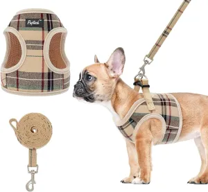 PUPTECK Soft Mesh Dog Harness and Leash Set Step-in Plaid Puppy Padded No Pull Vest Harness for XS Small Medium Sized Dogs Cats Outdoor Walking, Beige L