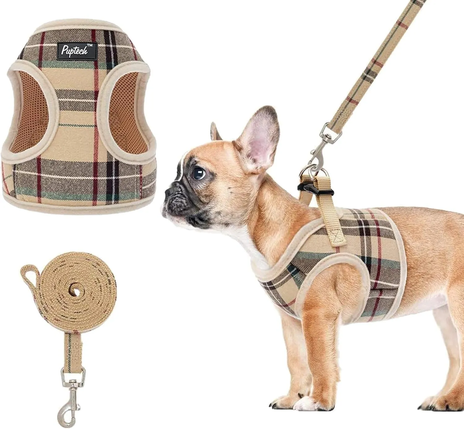 PUPTECK Soft Mesh Dog Harness and Leash Set Step-in Plaid Puppy Padded No Pull Vest Harness for XS Small Medium Sized Dogs Cats Outdoor Walking, Beige L