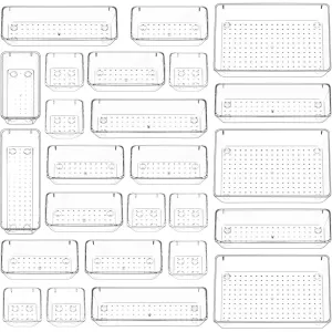 Puricon 25 Pcs Desk Drawer Organizers Trays Set Clear Plastic Storage Bins Bathroom Drawer Tray Dividers Vanity Trays Organizer for Bedroom Dresser Makeup Kitchen Utensil Office