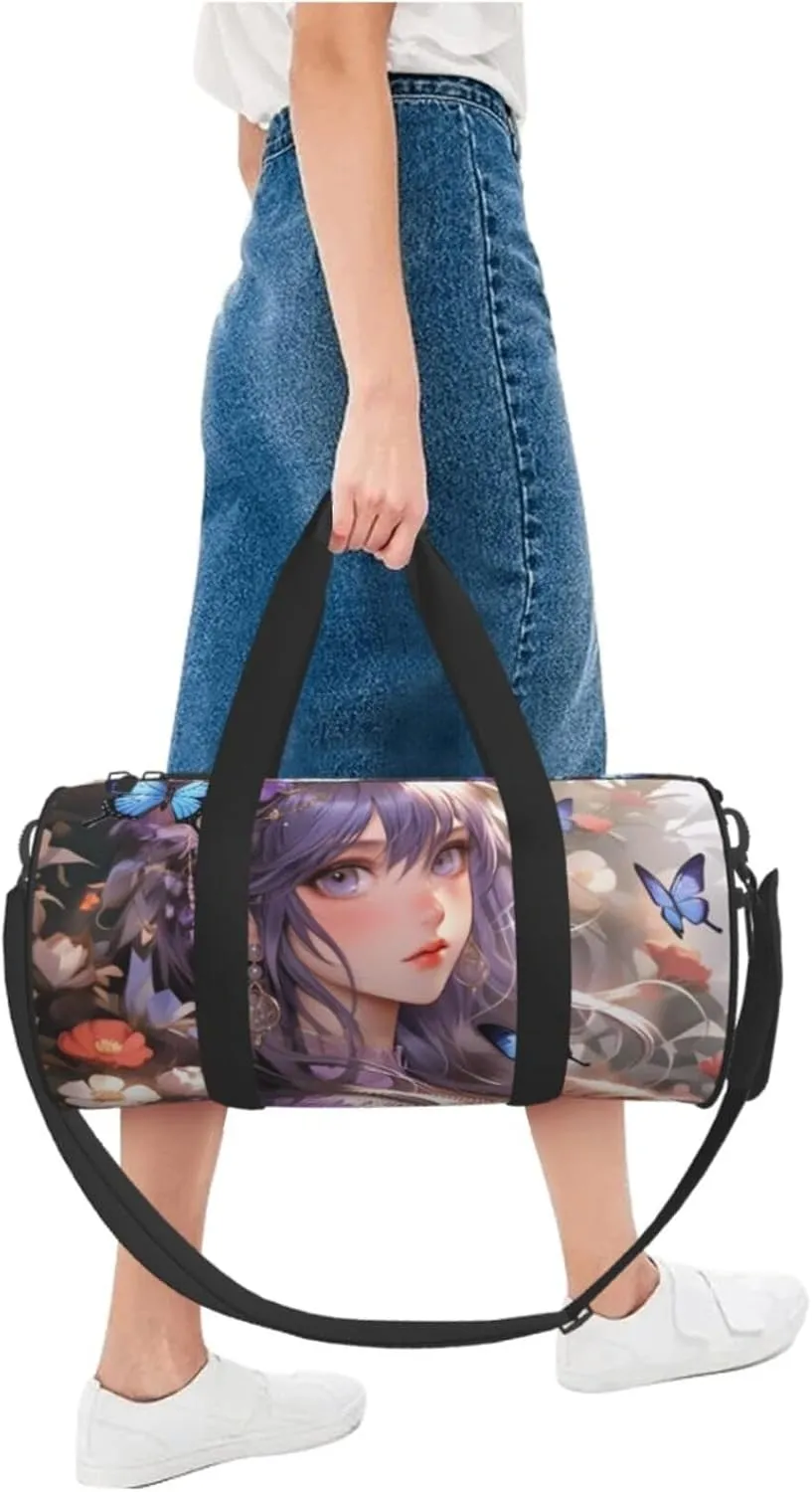 Purple butterfly and flowers Printed Travel Bag,Round Personal Item Storage bag,Foldie Duffel Bag for Traveling Vacation,Fitness,Sports