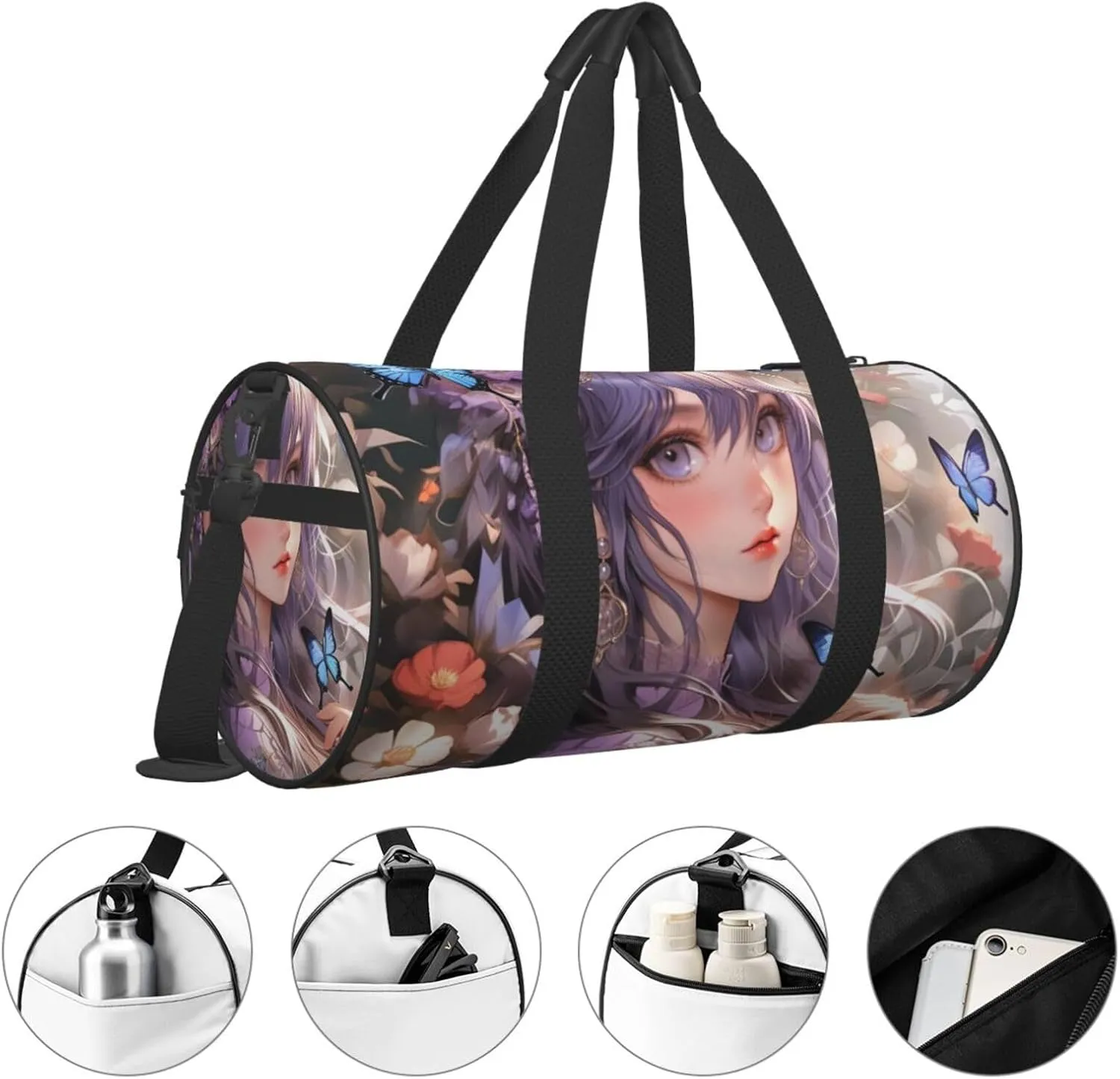 Purple butterfly and flowers Printed Travel Bag,Round Personal Item Storage bag,Foldie Duffel Bag for Traveling Vacation,Fitness,Sports