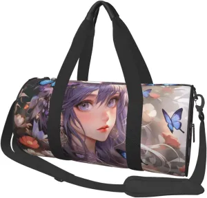 Purple butterfly and flowers Printed Travel Bag,Round Personal Item Storage bag,Foldie Duffel Bag for Traveling Vacation,Fitness,Sports