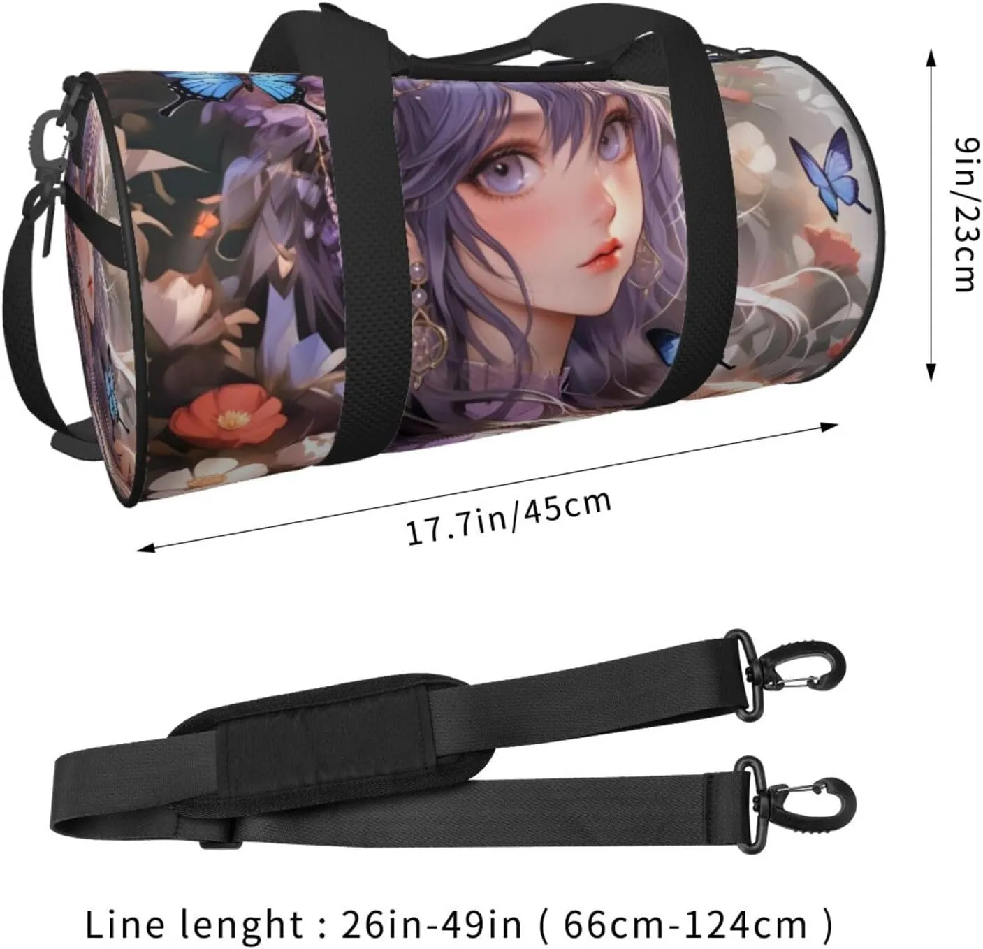 Purple butterfly and flowers Printed Travel Bag,Round Personal Item Storage bag,Foldie Duffel Bag for Traveling Vacation,Fitness,Sports