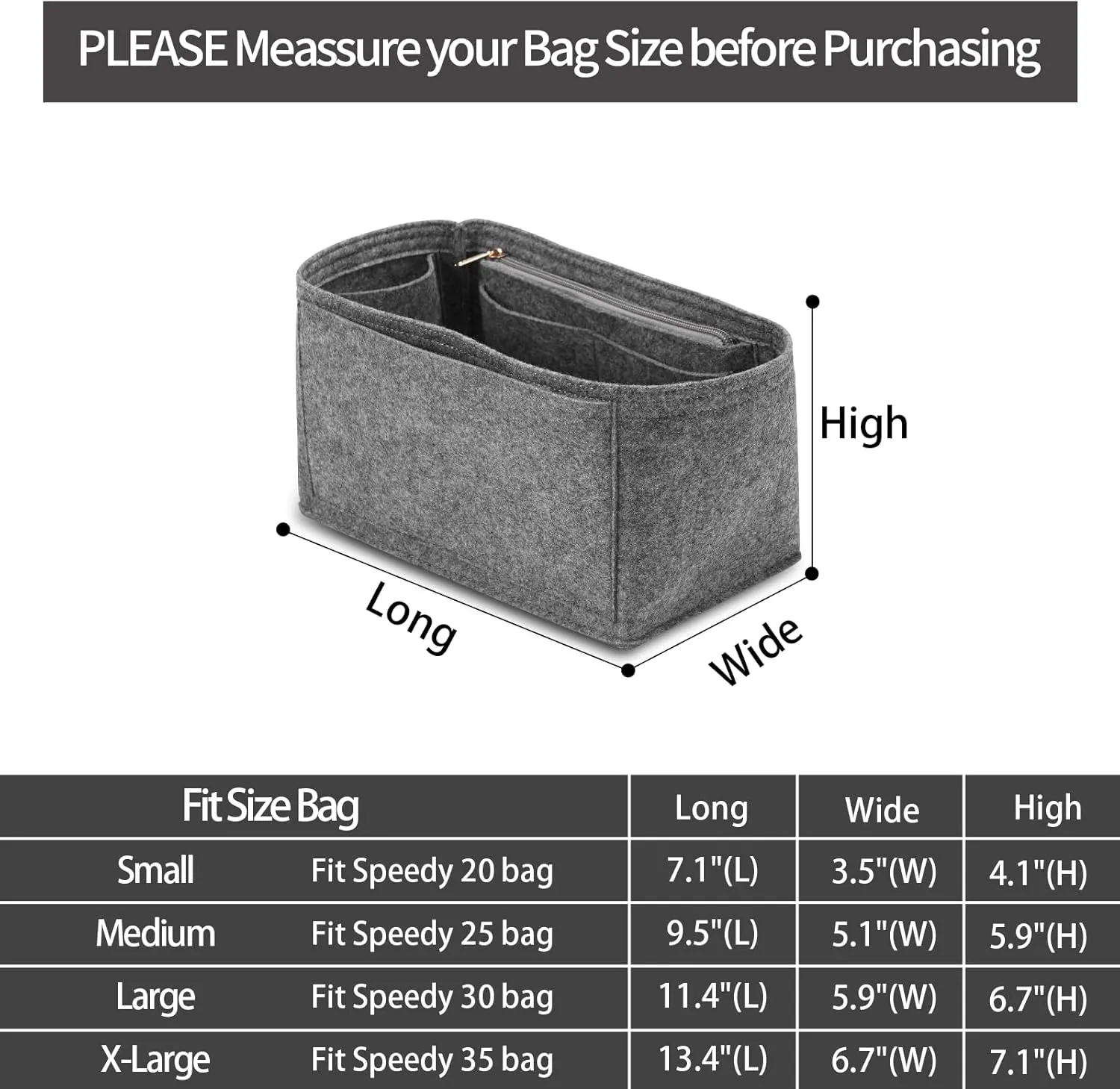 Purse Inserts for Speedy 25 Organizer,Felt Purse Bag Organizer Insert with zipper Bag Tote Shaper (Grey, Medium)