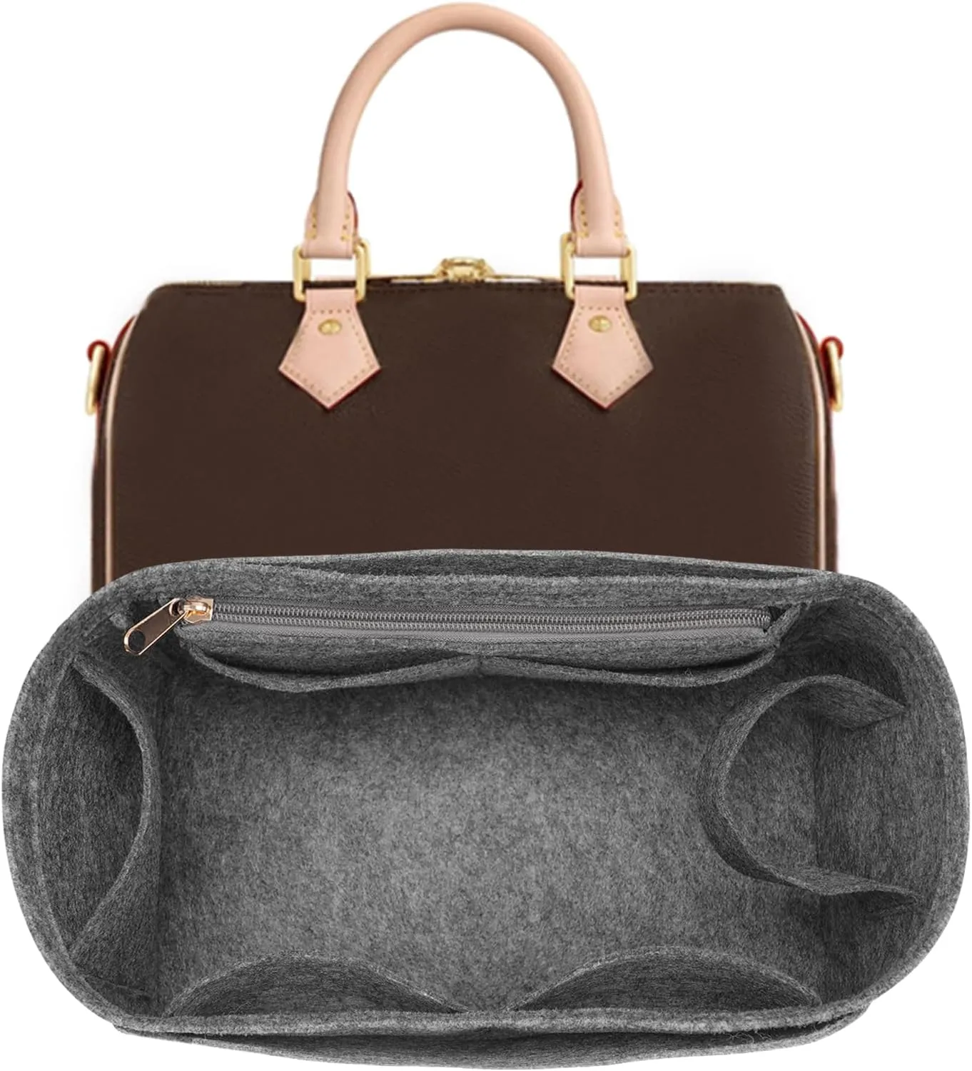 Purse Inserts for Speedy 25 Organizer,Felt Purse Bag Organizer Insert with zipper Bag Tote Shaper (Grey, Medium)