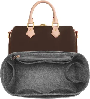Purse Inserts for Speedy 25 Organizer,Felt Purse Bag Organizer Insert with zipper Bag Tote Shaper (Grey, Medium)