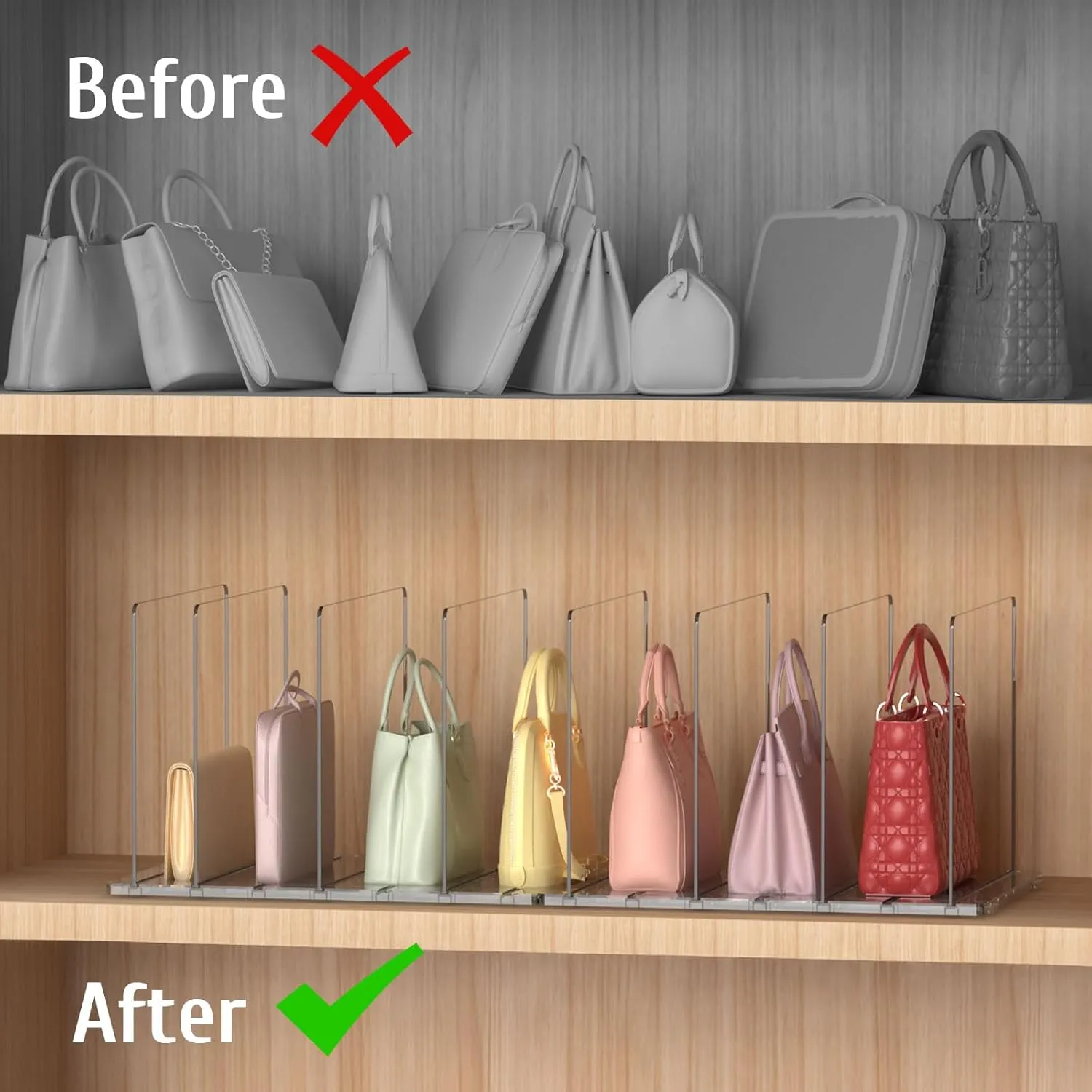 Purse Organizer for Closet, 2-Pack 8 Layer Adjustable Women Handbag Organizer, Clear Shelf Dividers for Closet, Bookshelf, Storage, Offices Organization