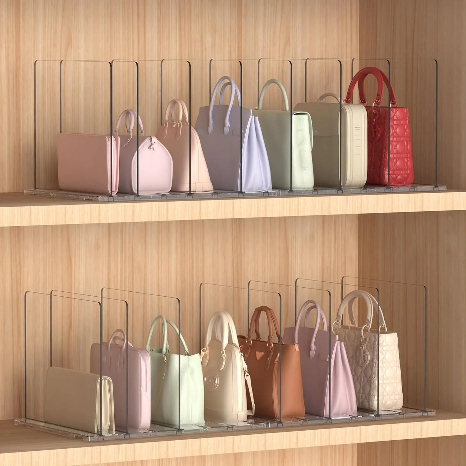 Purse Organizer for Closet, 2-Pack 8 Layer Adjustable Women Handbag Organizer, Clear Shelf Dividers for Closet, Bookshelf, Storage, Offices Organization