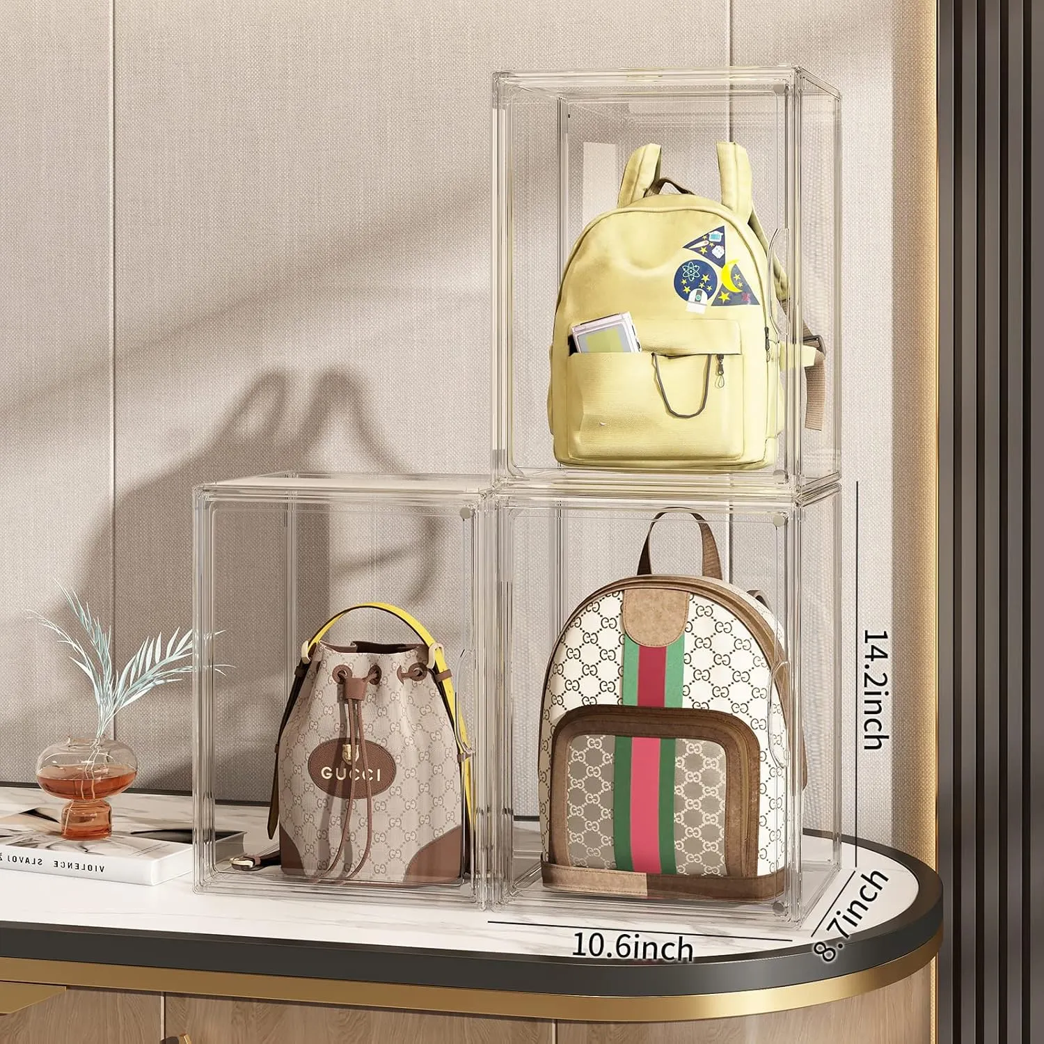 Purse Organizer for Closet, 3 Pack Handbag Storage Organizer, Clear Acrylic Display Case for Collectibles, Stackable Bag Organizer with Magnetic Door for Wallet, Clutch, Figure, Toys