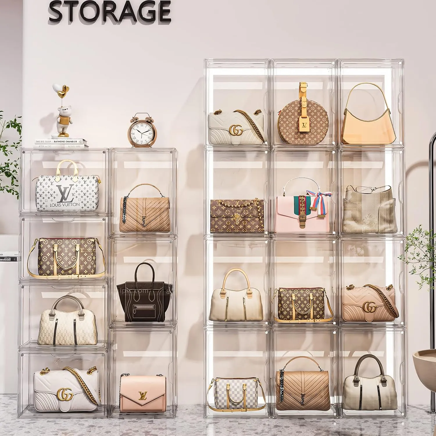 Purse Organizer for Closet, 3 Pack Handbag Storage Organizer, Clear Acrylic Display Case for Collectibles, Stackable Bag Organizer with Magnetic Door for Wallet, Clutch, Figure, Toys