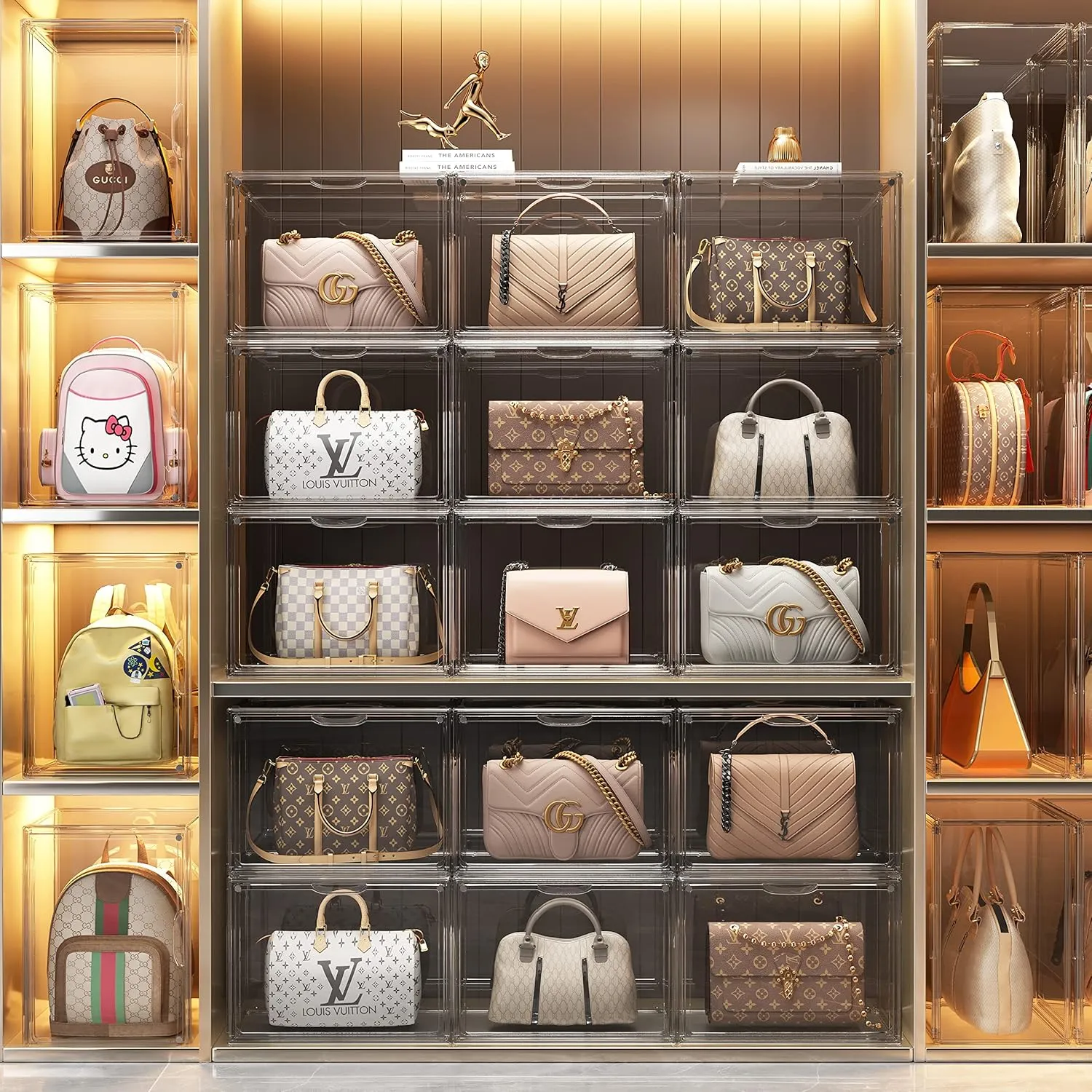 Purse Organizer for Closet, 3 Pack Handbag Storage Organizer, Clear Acrylic Display Case for Collectibles, Stackable Bag Organizer with Magnetic Door for Wallet, Clutch, Figure, Toys