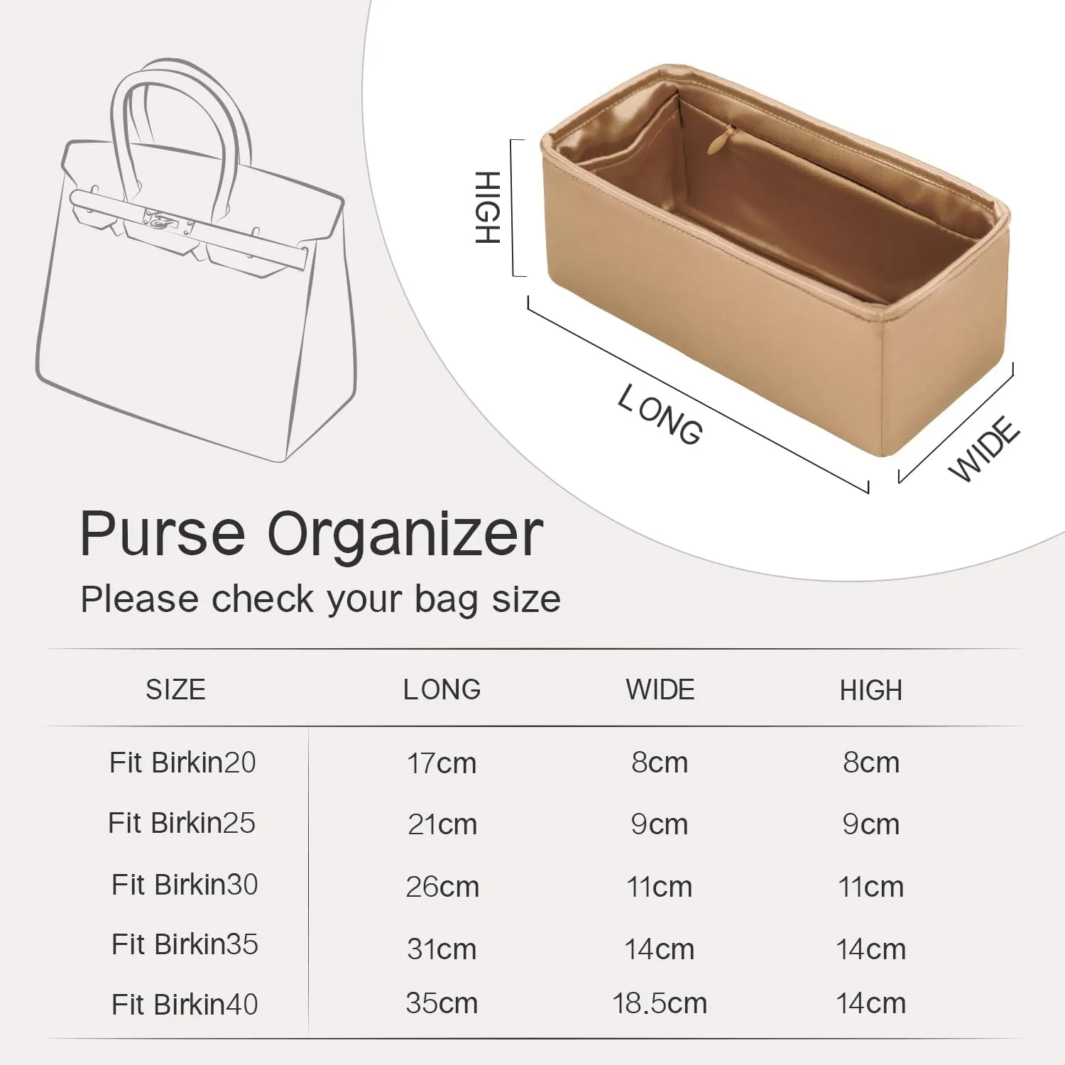 Purse Organizer Insert Compatible with Berkin Bag, Silk Bag Organizer for Berkin 25, Lightweight and Soft Touch (BK25 with Zipper, Champagne)