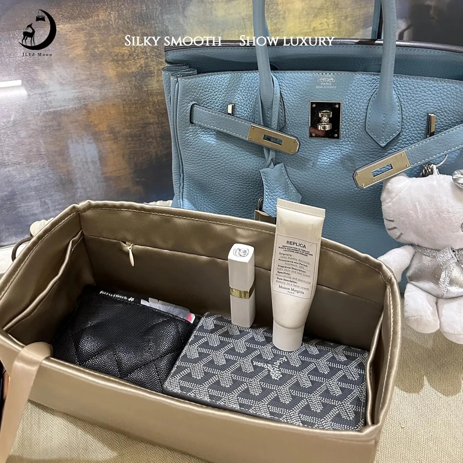 Purse Organizer Insert Compatible with Berkin Bag, Silk Bag Organizer for Berkin 25, Lightweight and Soft Touch (BK25 with Zipper, Champagne)