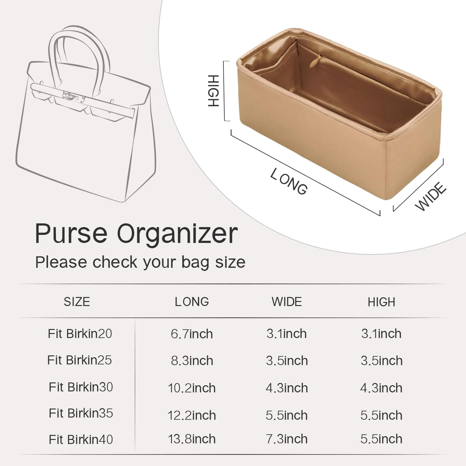 Purse Organizer Insert Compatible with Berkin Bag, Silk Bag Organizer for Berkin 25, Lightweight and Soft Touch (BK25 with Zipper, Champagne)