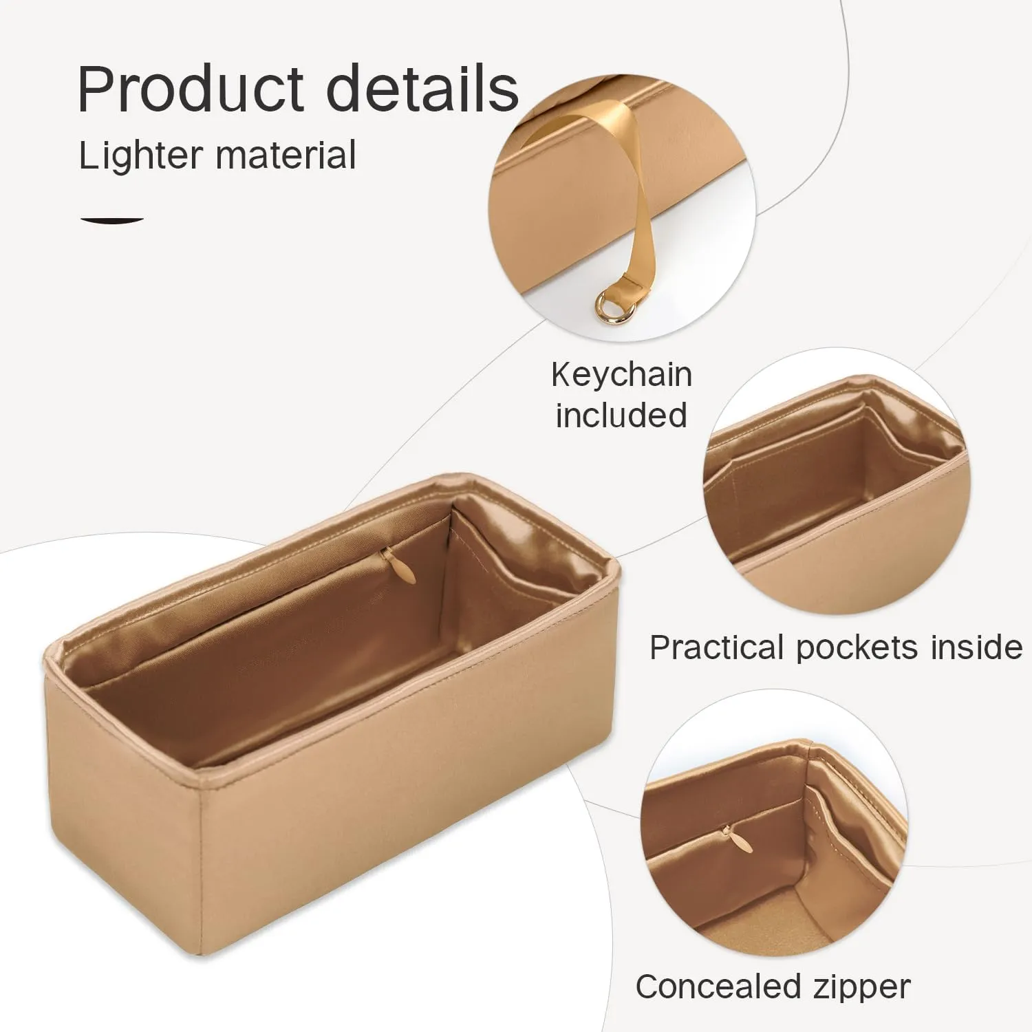Purse Organizer Insert Compatible with Berkin Bag, Silk Bag Organizer for Berkin 25, Lightweight and Soft Touch (BK25 with Zipper, Champagne)