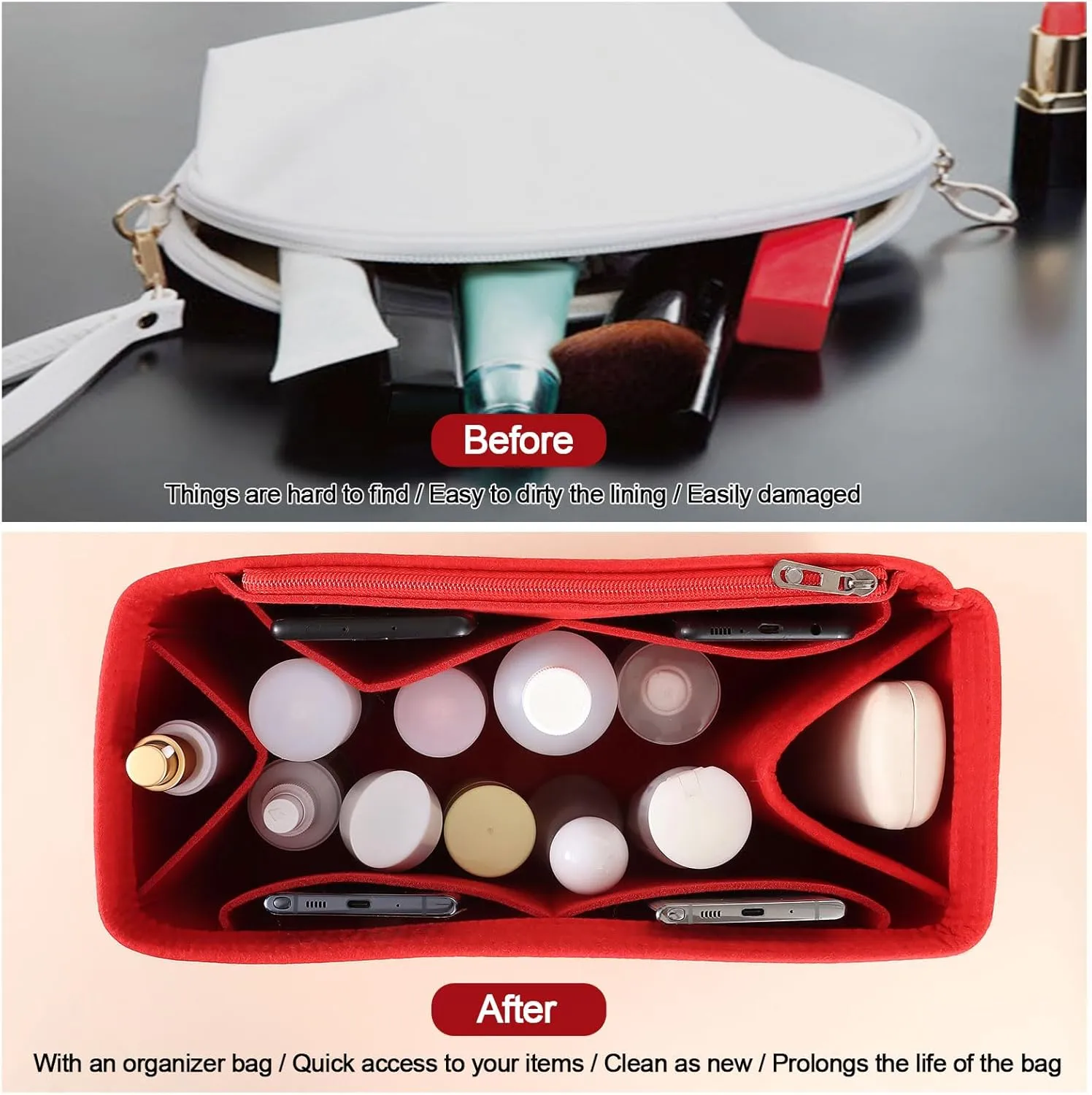 Purse Organizer Inserts, Felt Bag Insert for Bogg Bag, Soft Tote Organizer, Large Capacity Handbag Divider with Pockets, Travel Vacation Storage Accessories (Red, Medium)