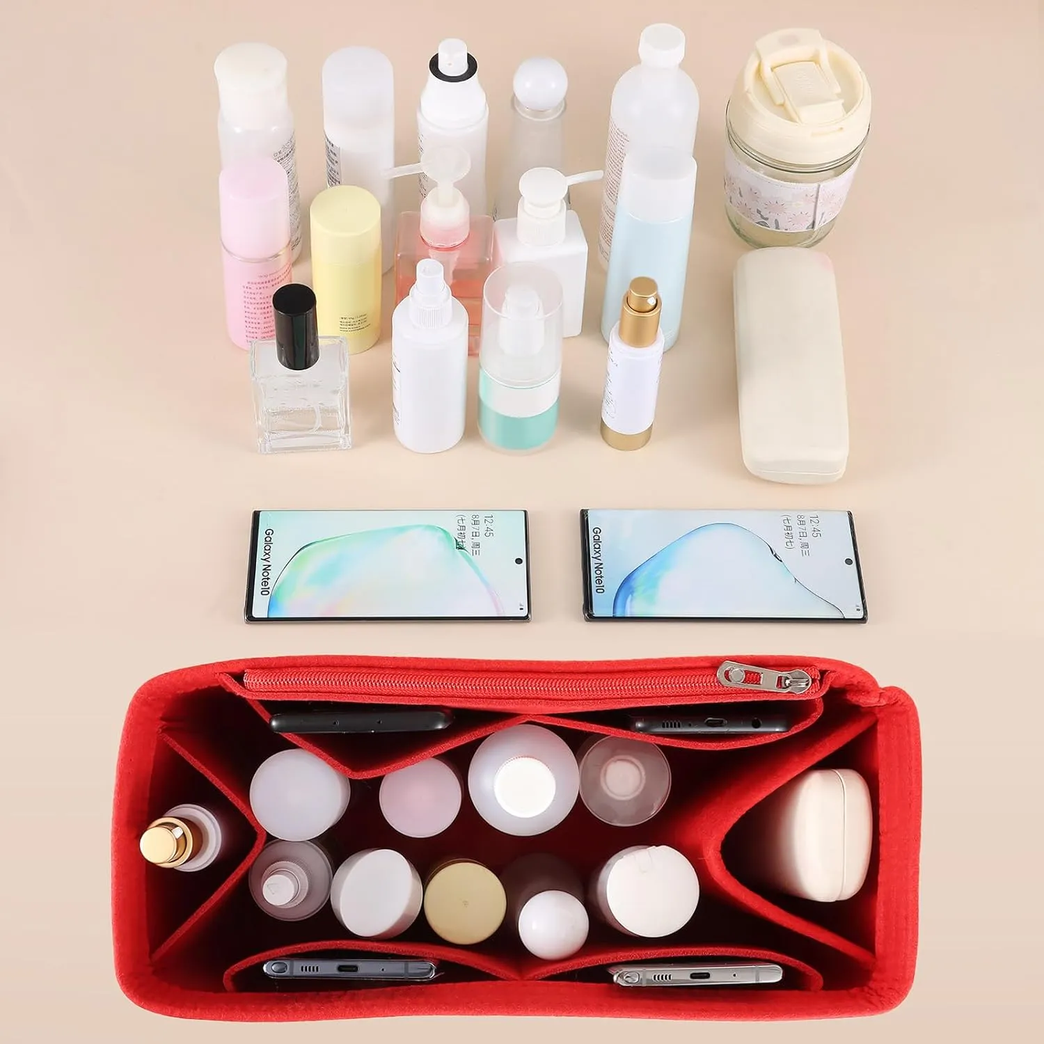 Purse Organizer Inserts, Felt Bag Insert for Bogg Bag, Soft Tote Organizer, Large Capacity Handbag Divider with Pockets, Travel Vacation Storage Accessories (Red, Medium)