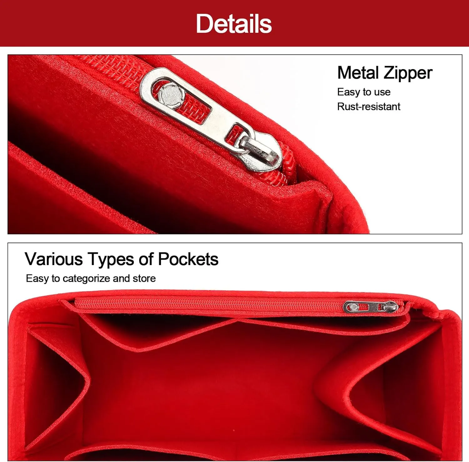 Purse Organizer Inserts, Felt Bag Insert for Bogg Bag, Soft Tote Organizer, Large Capacity Handbag Divider with Pockets, Travel Vacation Storage Accessories (Red, Medium)