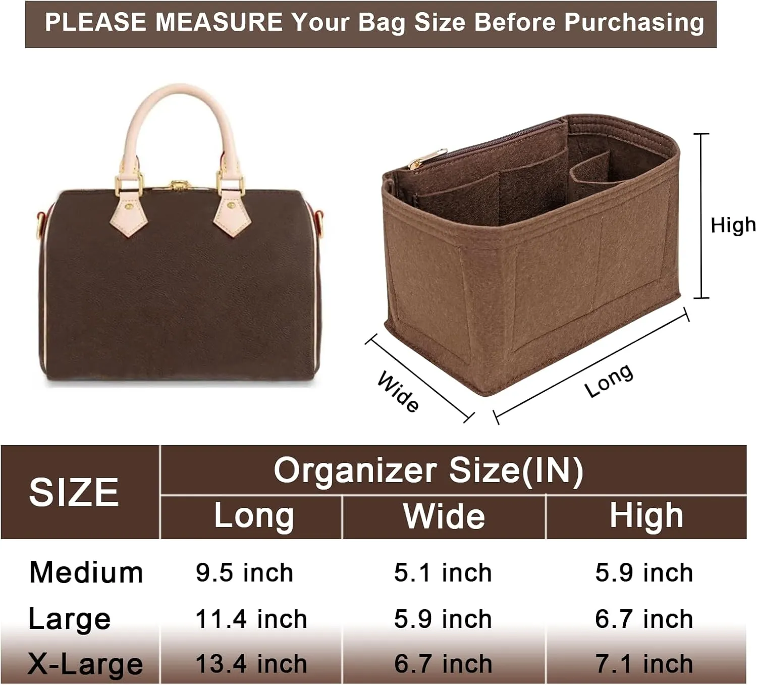 Purse Organizer Inserts for Speedy 30 Felt Purse Inserts HandBag and Tote bag Neverful Organizer Insert (Brown New,Large)