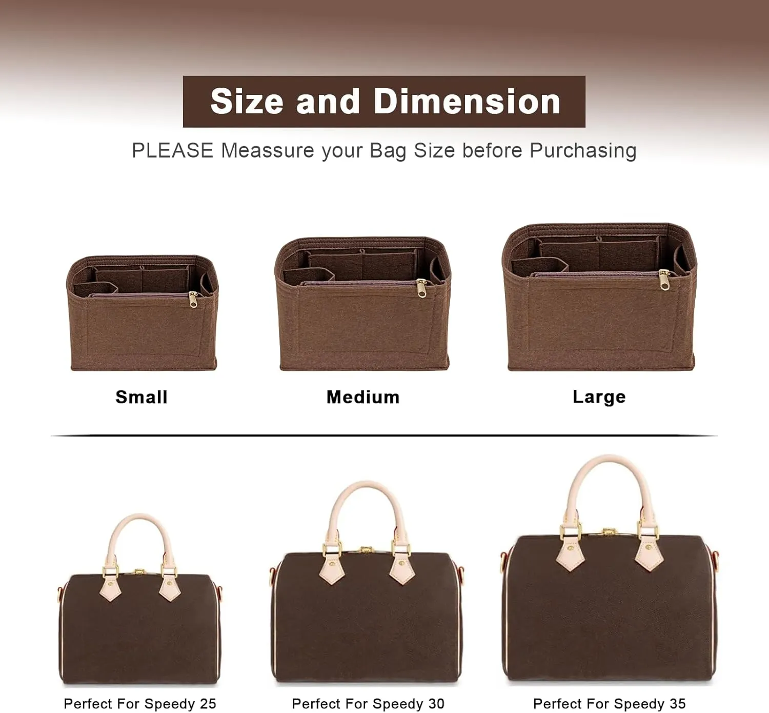 Purse Organizer Inserts for Speedy 30 Felt Purse Inserts HandBag and Tote bag Neverful Organizer Insert (Brown New,Large)