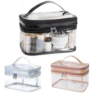 PVC Transparent Large Capacity Cosmetic Bag, Waterproof Double Layer Makeup Bag, Simple and Atmospheric Makeup Bag (Silver)