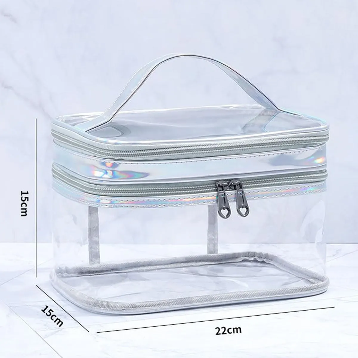 PVC Transparent Large Capacity Cosmetic Bag, Waterproof Double Layer Makeup Bag, Simple and Atmospheric Makeup Bag (Silver)
