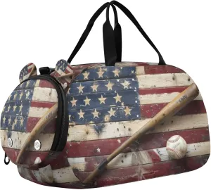 PYBUGAmerican Flag Baseball Kids Overnight Sports Duffel Bags with Shoe Compartment & Wet Pocket Travel Sport Gym Bag for Girls Boys