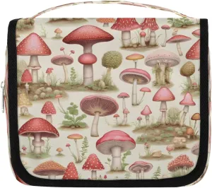 QsirBC Watercolor Mushrooms Grassy Travel Toiletry Bag with Hanging Hook, Portable Makeup Bag for Cosmetics Toiletries Travel Essentials, Hanging Bathroom Storage Organizer for Women Men