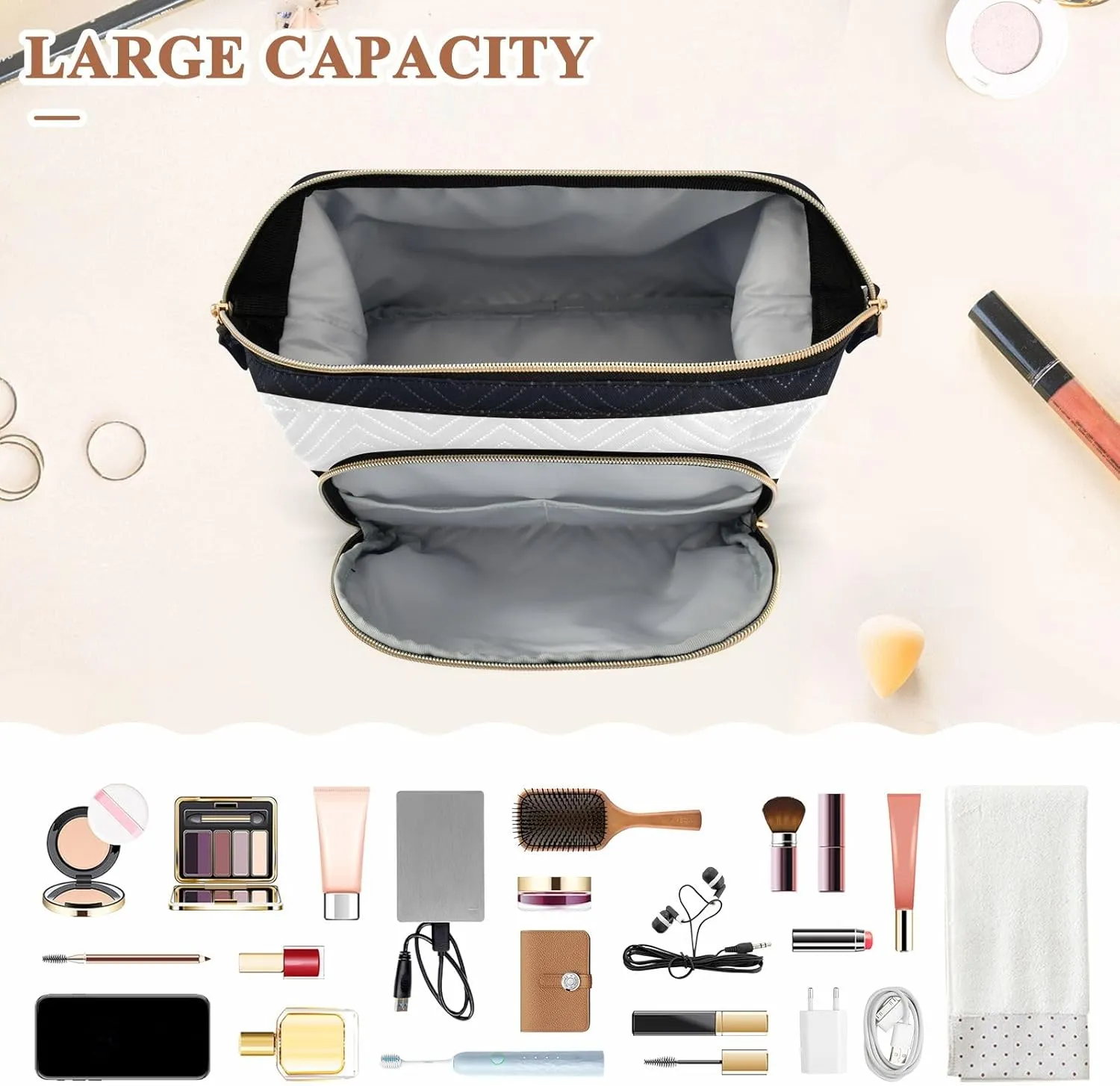 Quilted Cosmetic Bag with 9-Piece Accessory Set, Straight Pride Flag Sexual Identity Travel Cosmetic Organizer Toiletry Bag Travel Makeup Bag Double Layer Makeup Organizer Bag