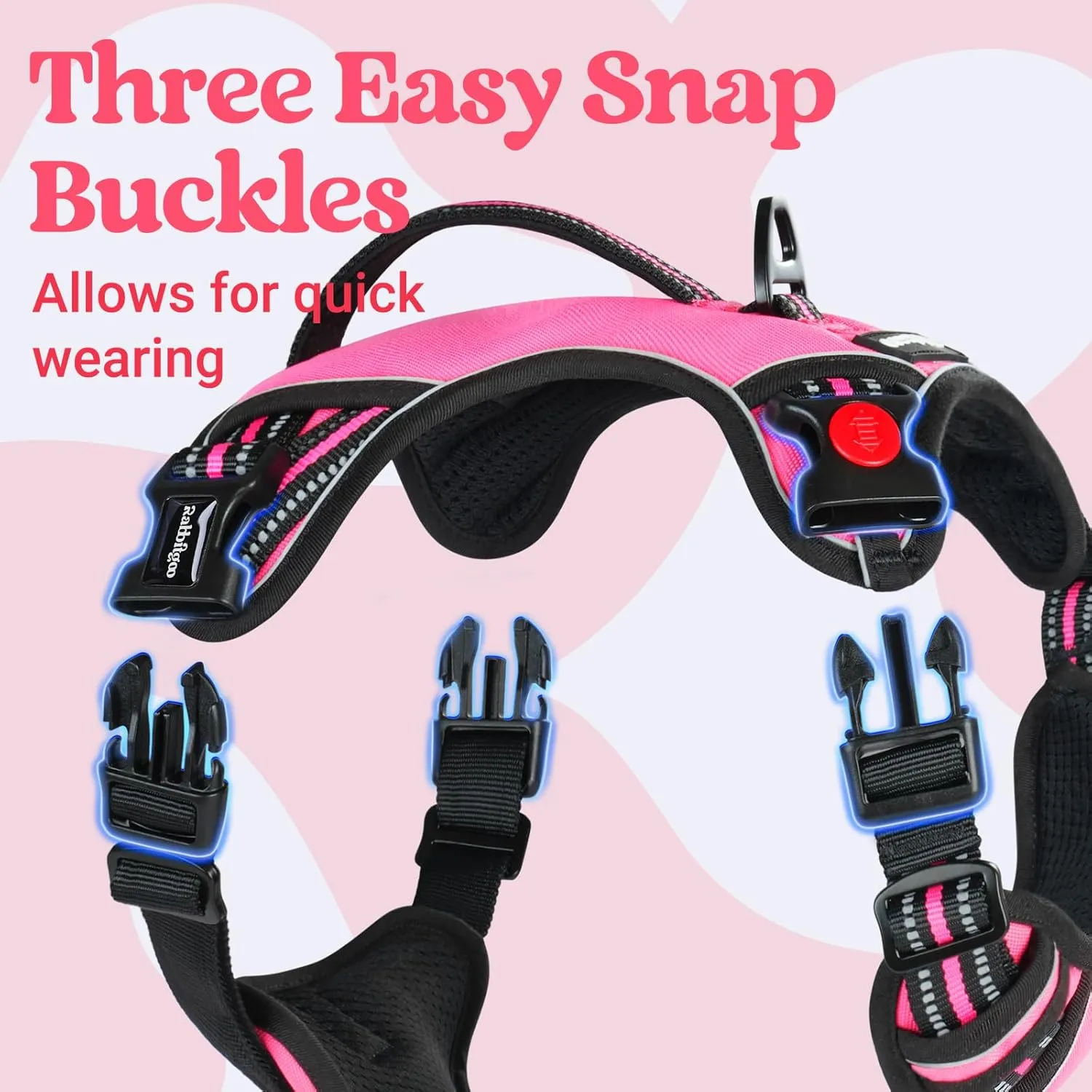 rabbitgoo Dog Harness for Large Dogs, No Pull Pet Harness with Soft Padded Handle, Adjustable Reflective Vest with 3 Buckles, Easy Walking Harness with 2 Leash Clips, Pink, L