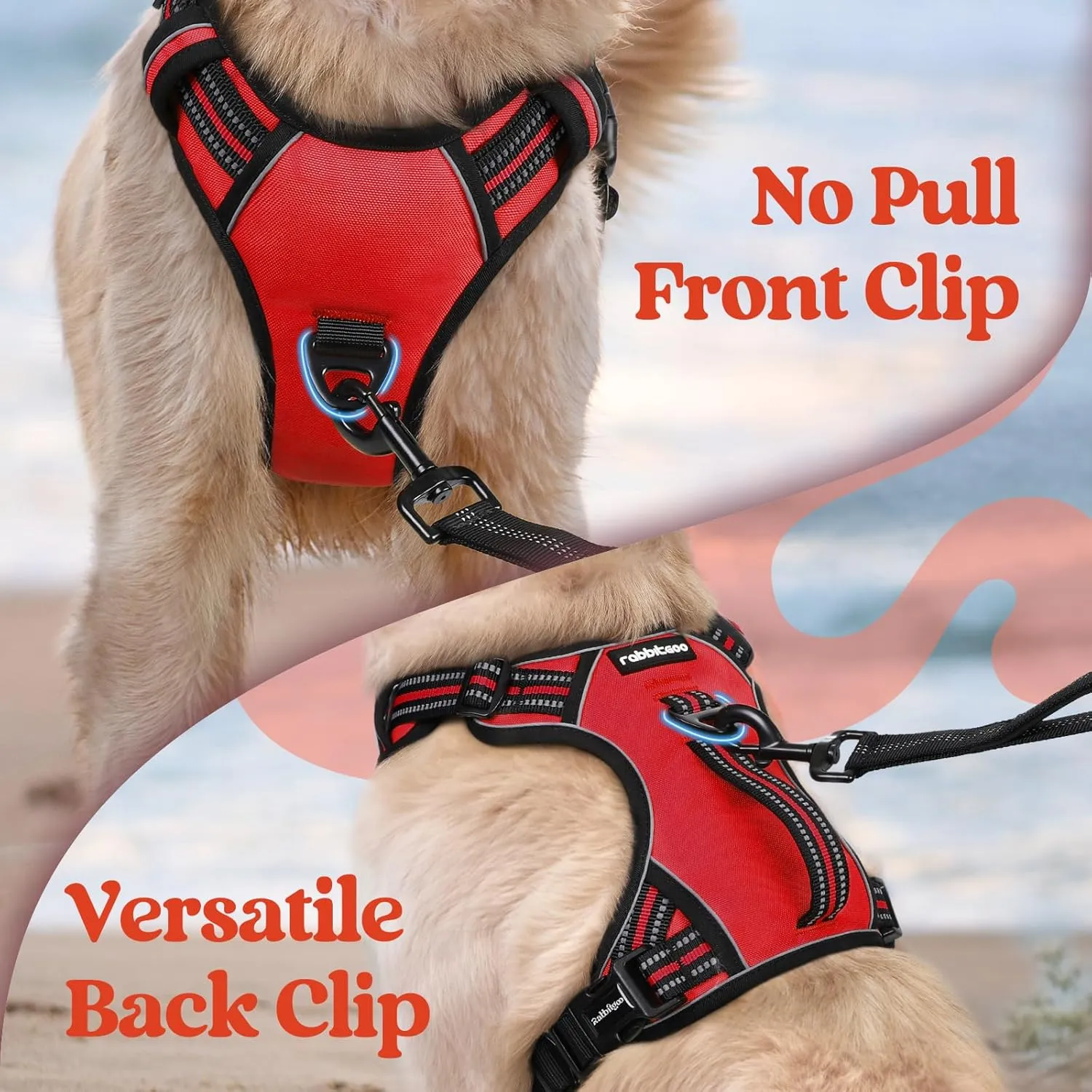 rabbitgoo Dog Harness for Large Dogs, No Pull Pet Harness with Soft Padded Handle, Adjustable Reflective Vest with 3 Buckles, Easy Walking Harness with 2 Leash Clips, Red, L