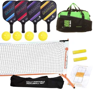 Rally PX Graphite Complete Pickleball Set for 4 Players (Portable Pickleball Net   4 Graphite Paddles   4 Outdoor Pickleballs   Duffel   2 Chalk   Rules/Strategy Guide)