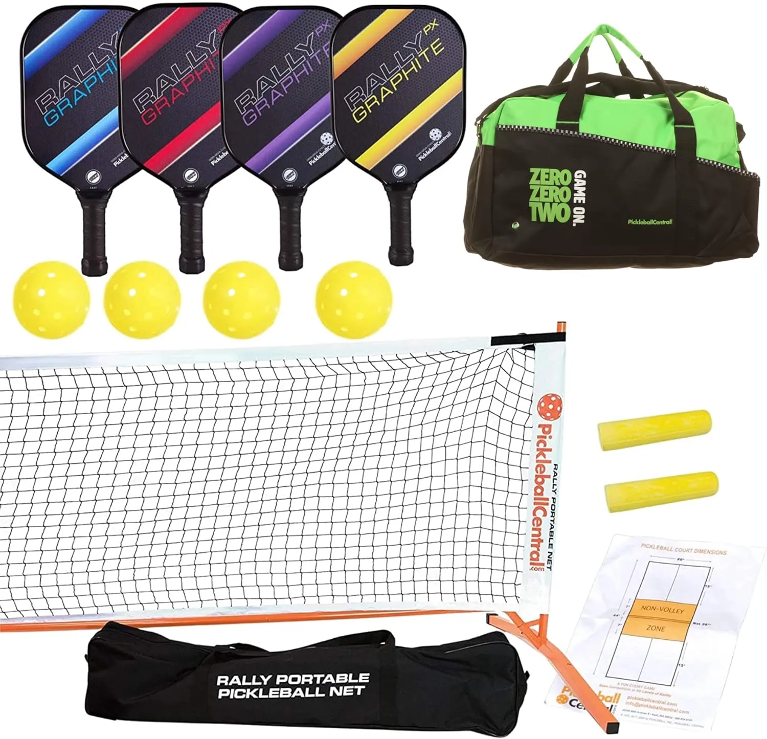 Rally PX Graphite Complete Pickleball Set for 4 Players (Portable Pickleball Net   4 Graphite Paddles   4 Outdoor Pickleballs   Duffel   2 Chalk   Rules/Strategy Guide)