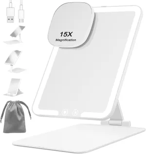 Rechargeable Makeup Mirror with Light, 3 Colors Dimmable Foldable Cosmetic Mirror with 15X Mini Magnifying Mirror, Ultra Slim Portable Travel Mirror, Makeup Mirror with Light, White