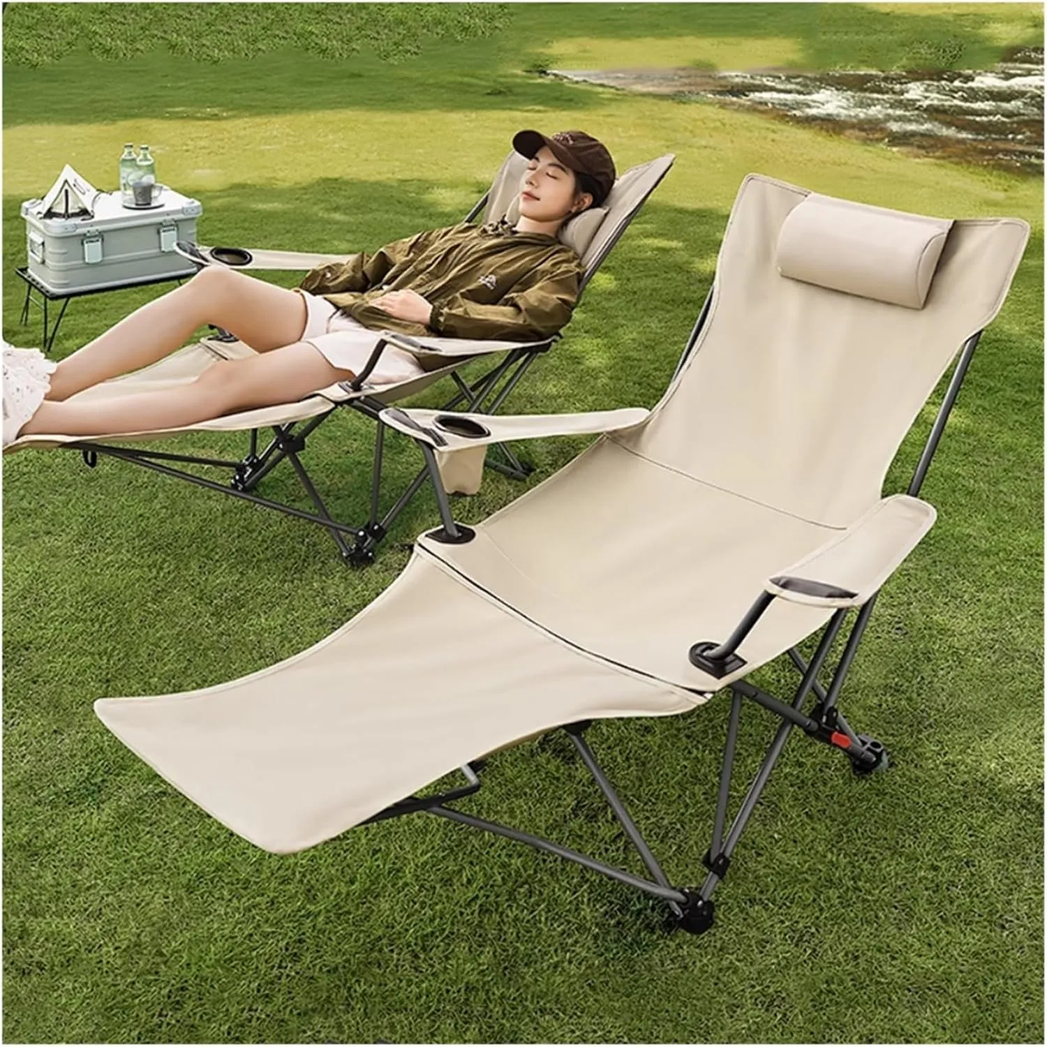 Reclining Camping Chairs with Footrest Folding Lounge Chair Support 400 LBS,Adjustable Backrest Camp Chair with Pillow Beach Chairs for Adults(Cream)