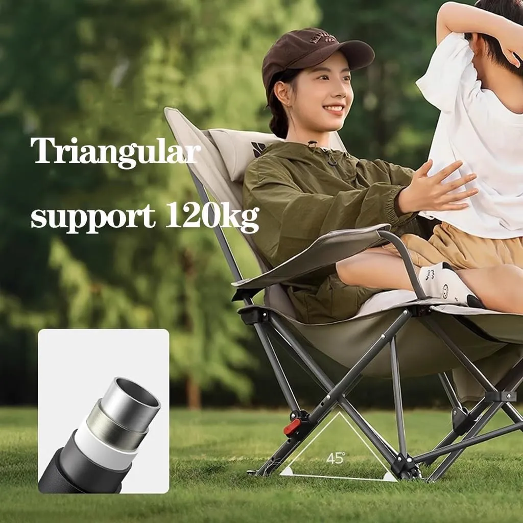 Reclining Camping Chairs with Footrest Folding Lounge Chair Support 400 LBS,Adjustable Backrest Camp Chair with Pillow Beach Chairs for Adults(Cream)