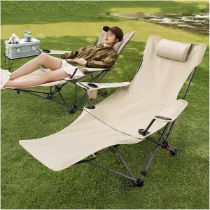 Reclining Camping Chairs with Footrest Folding Lounge Chair Support 400 LBS,Adjustable Backrest Camp Chair with Pillow Beach Chairs for Adults(Cream)